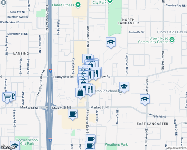 map of restaurants, bars, coffee shops, grocery stores, and more near 1970 Lancaster Drive Northeast in Salem