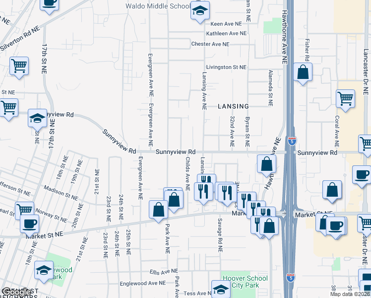 map of restaurants, bars, coffee shops, grocery stores, and more near 2923-2943 Sunnyview Road Northeast in Salem