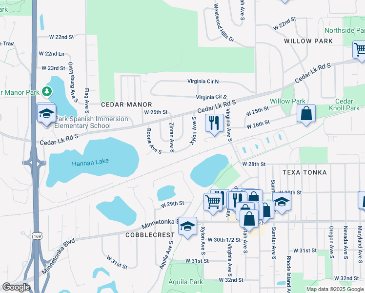 map of restaurants, bars, coffee shops, grocery stores, and more near 2615 Xylon Avenue South in Minneapolis