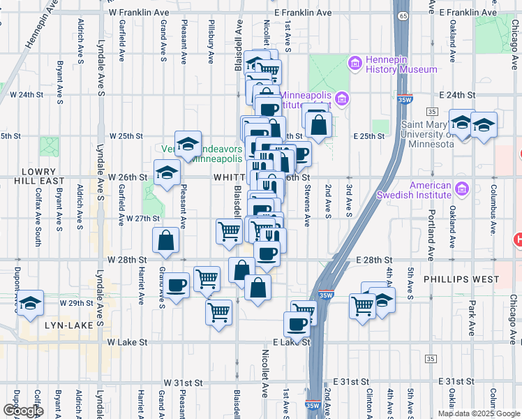 map of restaurants, bars, coffee shops, grocery stores, and more near 2707 Nicollet Avenue in Minneapolis