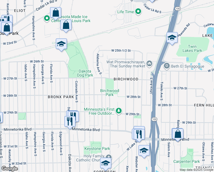 map of restaurants, bars, coffee shops, grocery stores, and more near 2700 Zarthan Avenue South in St. Louis Park