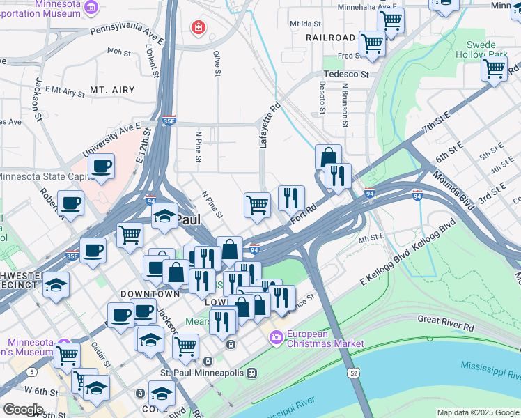 map of restaurants, bars, coffee shops, grocery stores, and more near 443 Lafayette Road in Saint Paul