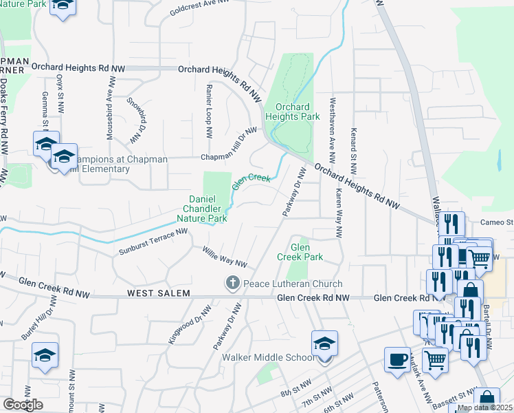 map of restaurants, bars, coffee shops, grocery stores, and more near 1495 Larkspur Lane Northwest in Salem