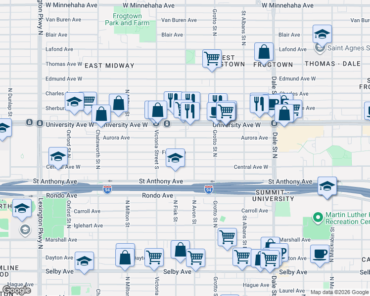 map of restaurants, bars, coffee shops, grocery stores, and more near 782 Fuller Avenue in Saint Paul
