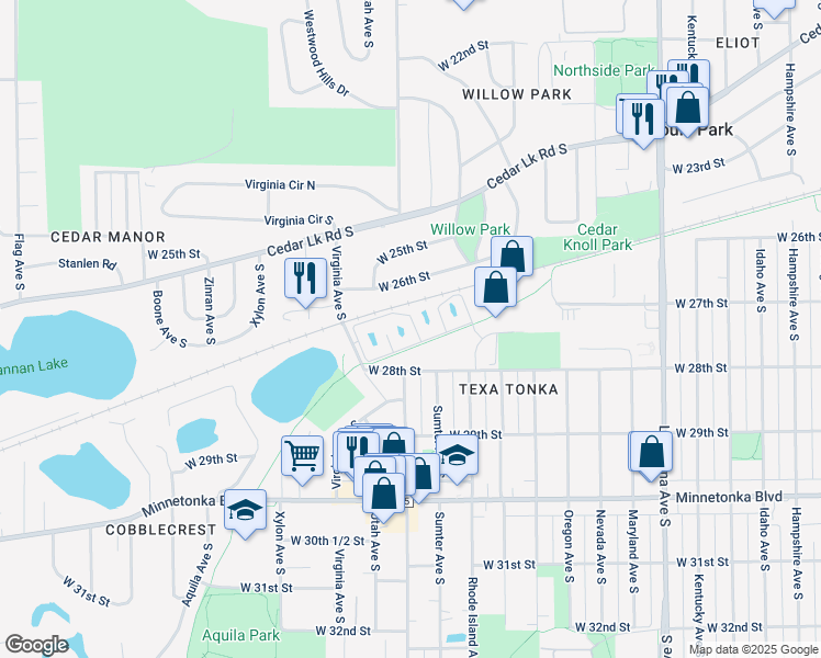 map of restaurants, bars, coffee shops, grocery stores, and more near 8010 Victoria Lane in Minneapolis