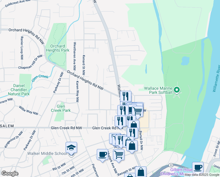 map of restaurants, bars, coffee shops, grocery stores, and more near 695 Orchard Heights Road Northwest in Salem