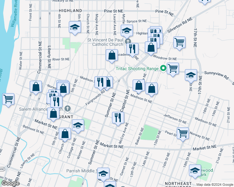 map of restaurants, bars, coffee shops, grocery stores, and more near 1690 Summer Street Northeast in Salem