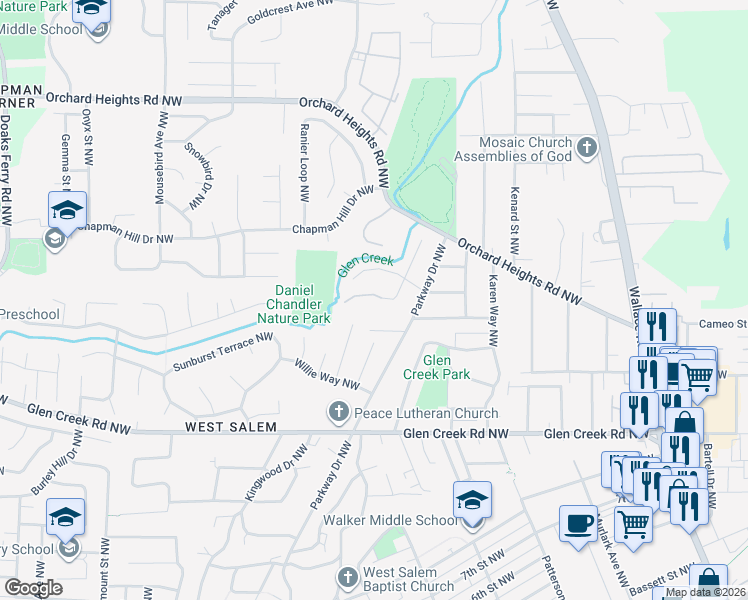map of restaurants, bars, coffee shops, grocery stores, and more near 1495 Larkspur Lane Northwest in Salem