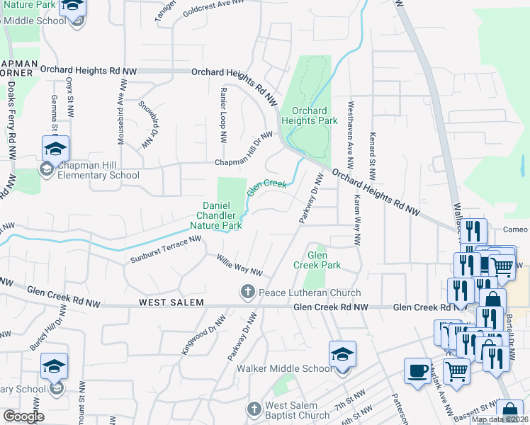 map of restaurants, bars, coffee shops, grocery stores, and more near 1495 Larkspur Lane Northwest in Salem