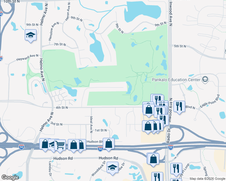 map of restaurants, bars, coffee shops, grocery stores, and more near 577 Holly Lane North in Oakdale
