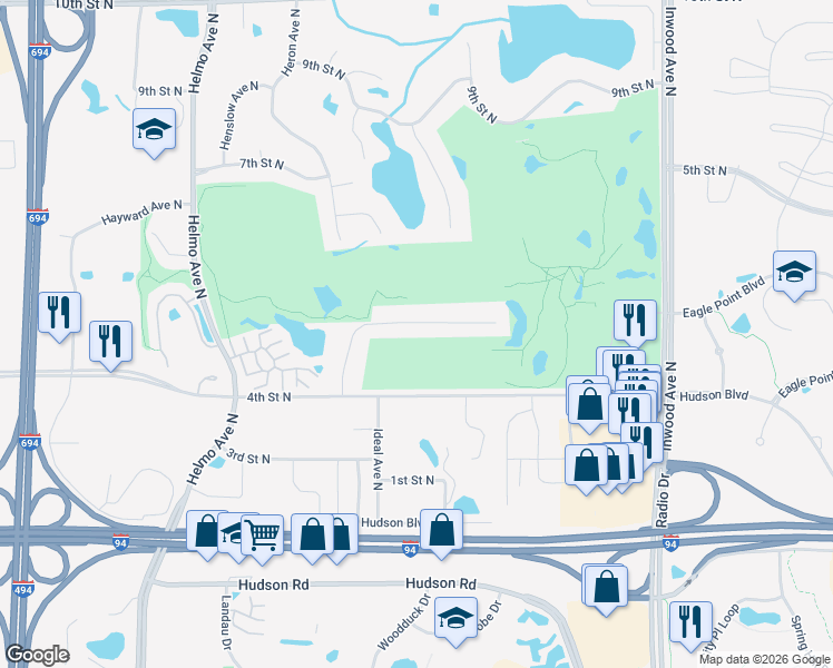 map of restaurants, bars, coffee shops, grocery stores, and more near 521 Holly Lane North in Oakdale