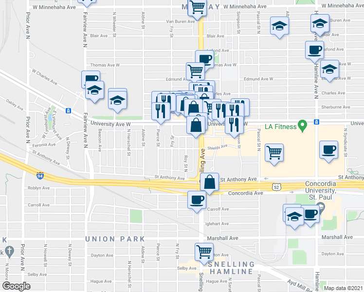 map of restaurants, bars, coffee shops, grocery stores, and more near 420 North Roy Street in Saint Paul
