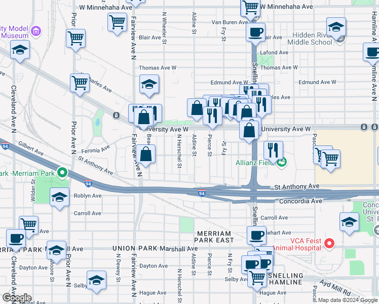 map of restaurants, bars, coffee shops, grocery stores, and more near 389 Aldine Street in Saint Paul