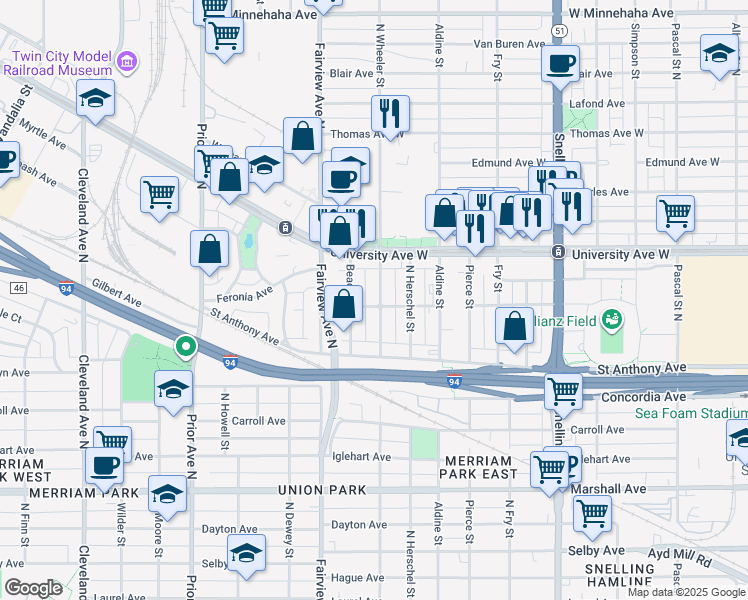 map of restaurants, bars, coffee shops, grocery stores, and more near 406 Beacon Avenue in Saint Paul