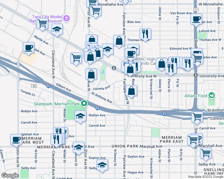 map of restaurants, bars, coffee shops, grocery stores, and more near 400 North Dewey Street in Saint Paul