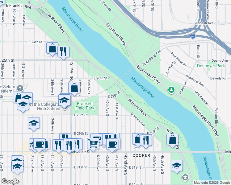 map of restaurants, bars, coffee shops, grocery stores, and more near 4013 East 27th Street in Minneapolis