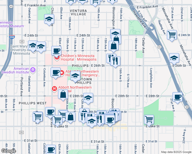 map of restaurants, bars, coffee shops, grocery stores, and more near 2703 14th Avenue South in Minneapolis