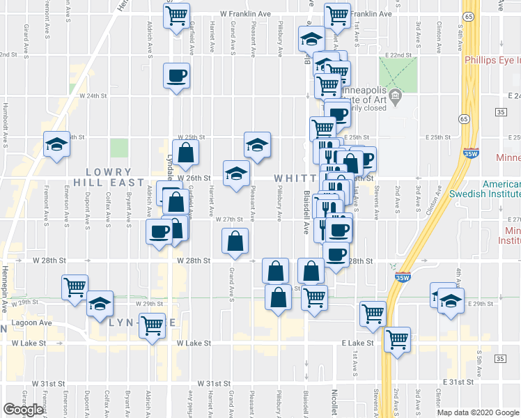map of restaurants, bars, coffee shops, grocery stores, and more near 2700 Pillsbury Avenue in Minneapolis