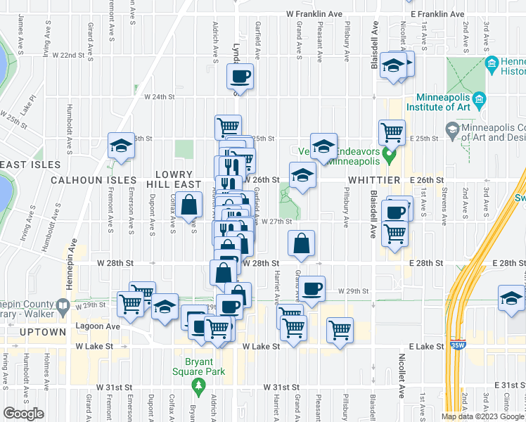 map of restaurants, bars, coffee shops, grocery stores, and more near 519 West 27th Street in Minneapolis