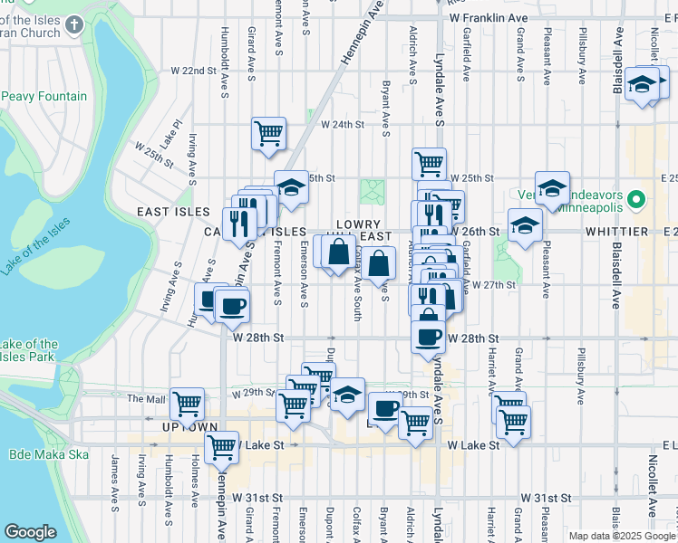 map of restaurants, bars, coffee shops, grocery stores, and more near 2705 Dupont Avenue South in Minneapolis