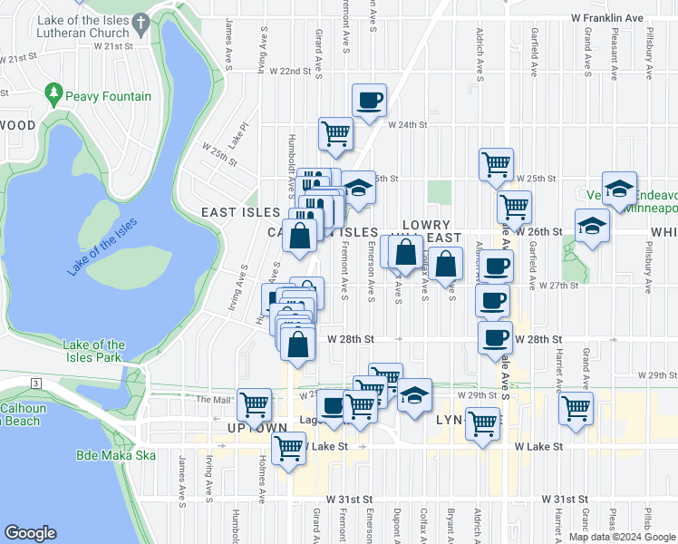 map of restaurants, bars, coffee shops, grocery stores, and more near in Minneapolis