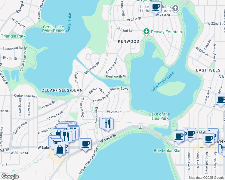 map of restaurants, bars, coffee shops, grocery stores, and more near 2739 Dean Parkway in Minneapolis