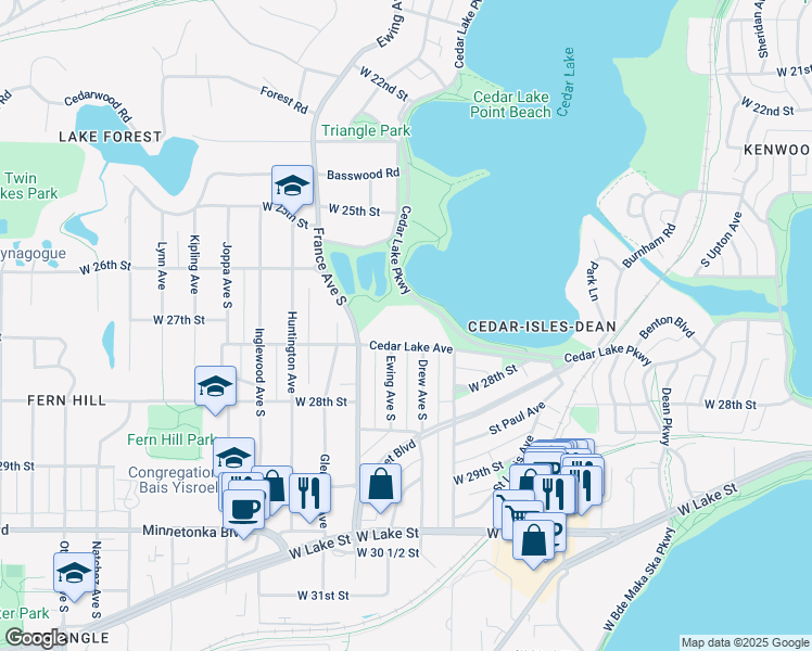 map of restaurants, bars, coffee shops, grocery stores, and more near 2701 Ewing Avenue South in Minneapolis