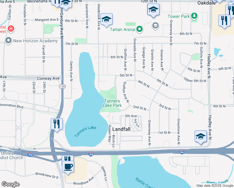 map of restaurants, bars, coffee shops, grocery stores, and more near Tanners Park Road in Oakdale