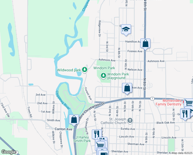 map of restaurants, bars, coffee shops, grocery stores, and more near 105 Miawakon Avenue in Montevideo