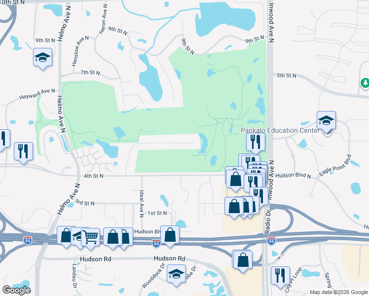 map of restaurants, bars, coffee shops, grocery stores, and more near 577 Holly Lane North in Oakdale