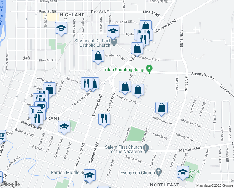 map of restaurants, bars, coffee shops, grocery stores, and more near 1818 Capitol Street Northeast in Salem