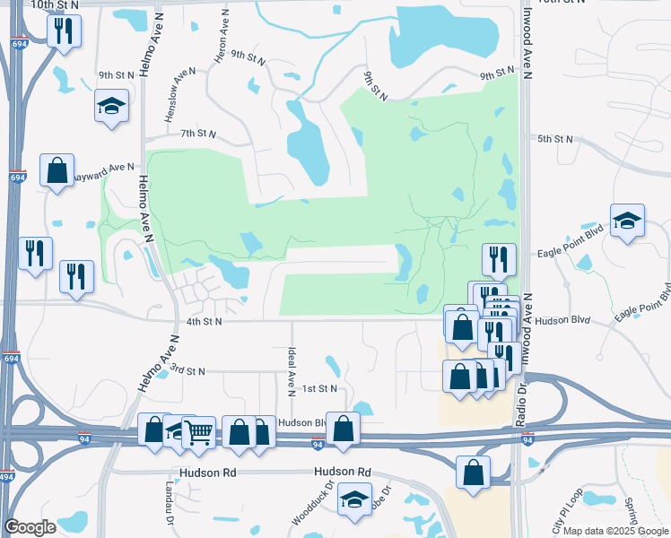 map of restaurants, bars, coffee shops, grocery stores, and more near 521 Holly Lane North in Oakdale