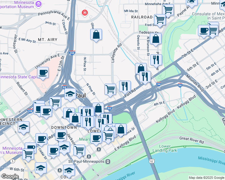 map of restaurants, bars, coffee shops, grocery stores, and more near 443 Lafayette Road in Saint Paul