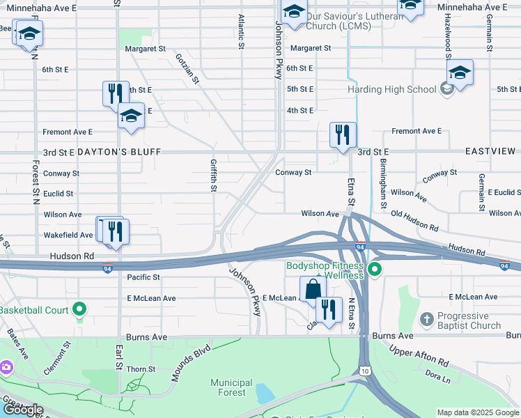 map of restaurants, bars, coffee shops, grocery stores, and more near 1280 Euclid Street in Saint Paul