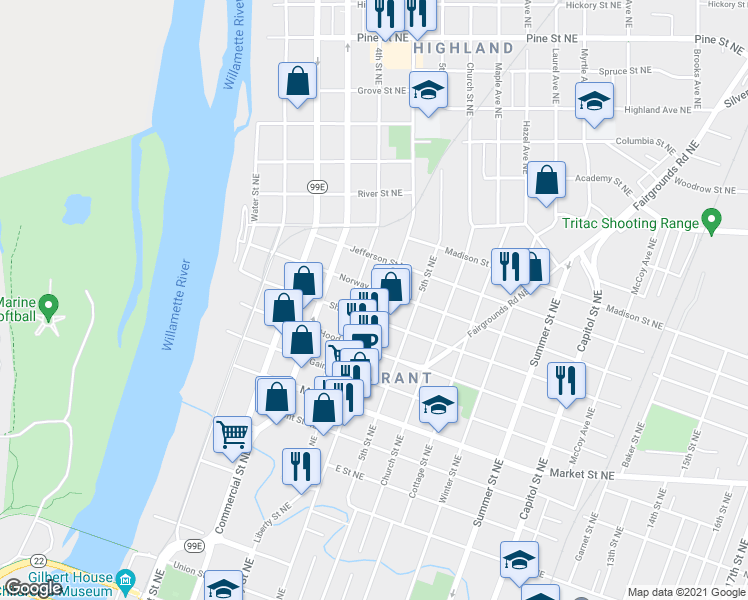 map of restaurants, bars, coffee shops, grocery stores, and more near 1555 Broadway Street Northeast in Salem
