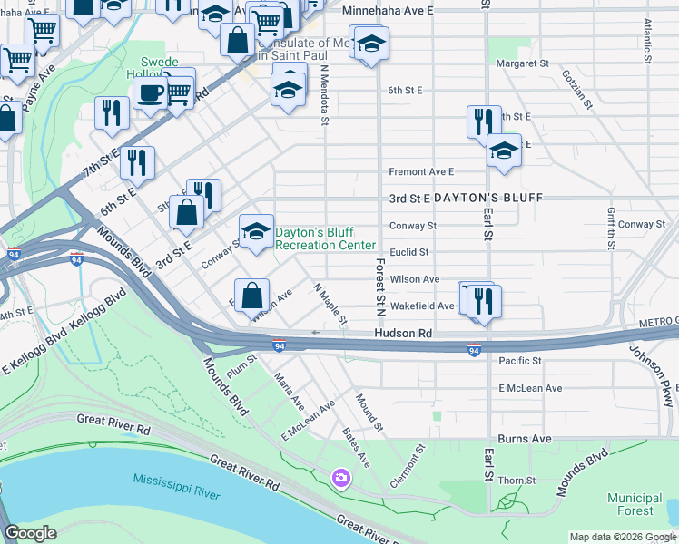 map of restaurants, bars, coffee shops, grocery stores, and more near 885 Euclid Street in Saint Paul