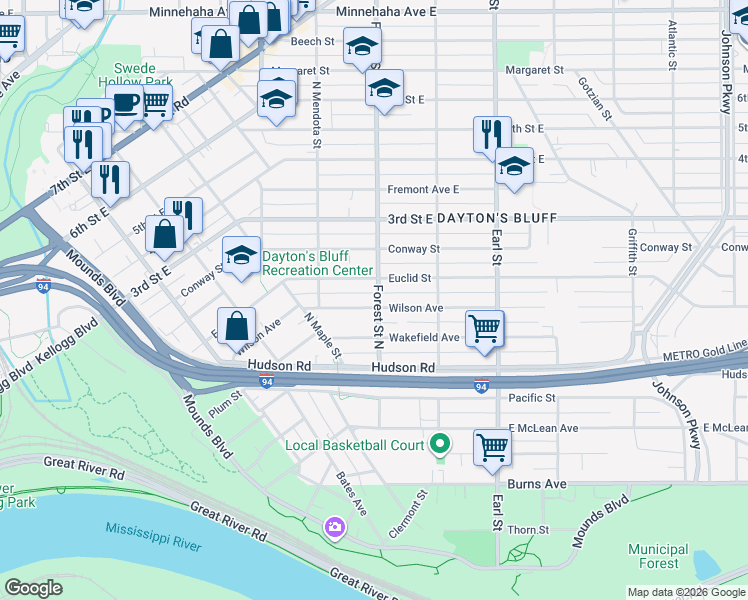 map of restaurants, bars, coffee shops, grocery stores, and more near 925 Euclid Street in Saint Paul