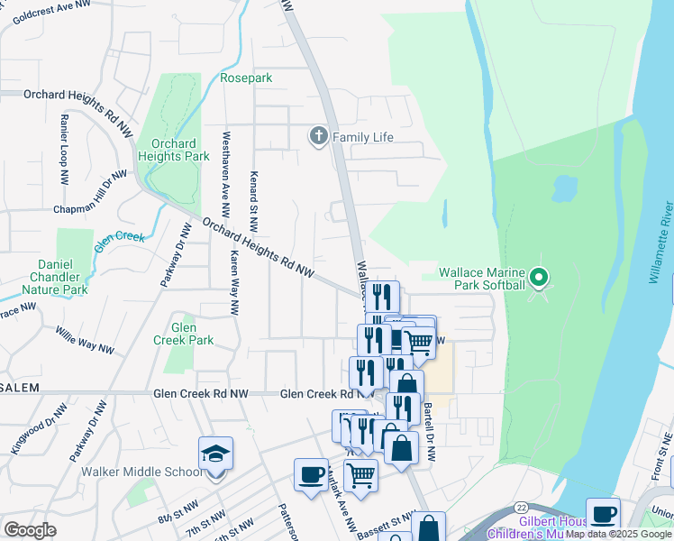map of restaurants, bars, coffee shops, grocery stores, and more near 1355 Wallace Road Northwest in Salem