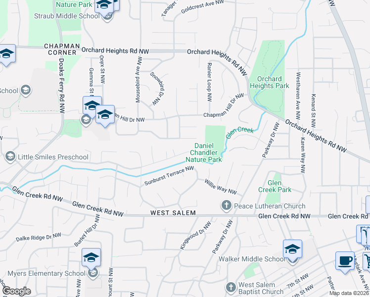 map of restaurants, bars, coffee shops, grocery stores, and more near 1673 Olympia Court Northwest in Salem