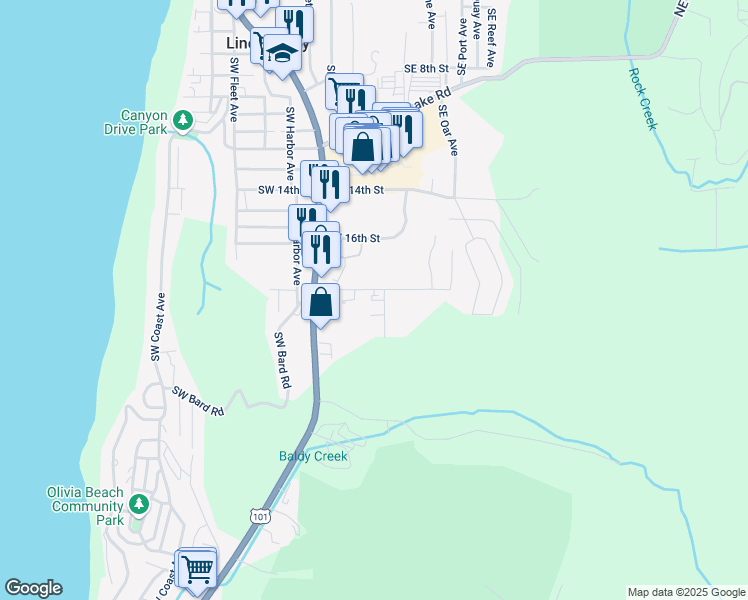 map of restaurants, bars, coffee shops, grocery stores, and more near 1585 Southeast 19th Street in Lincoln City