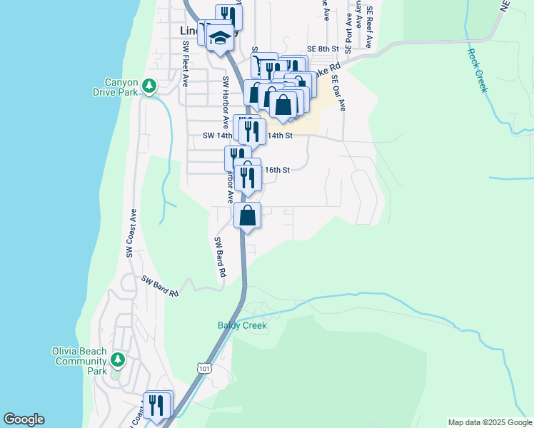 map of restaurants, bars, coffee shops, grocery stores, and more near 1375 Southeast 19th Street in Lincoln City