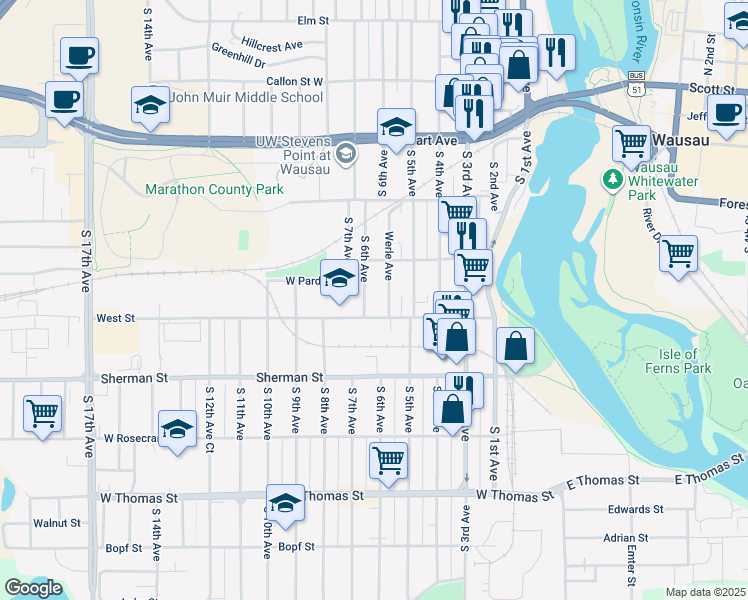 map of restaurants, bars, coffee shops, grocery stores, and more near 710 Werle Avenue in Wausau