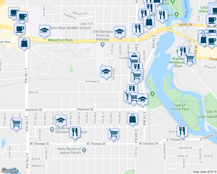 map of restaurants, bars, coffee shops, grocery stores, and more near 710 Werle Avenue in Wausau