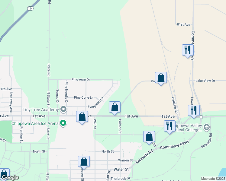map of restaurants, bars, coffee shops, grocery stores, and more near 1194 Evergreen Lane in Chippewa Falls