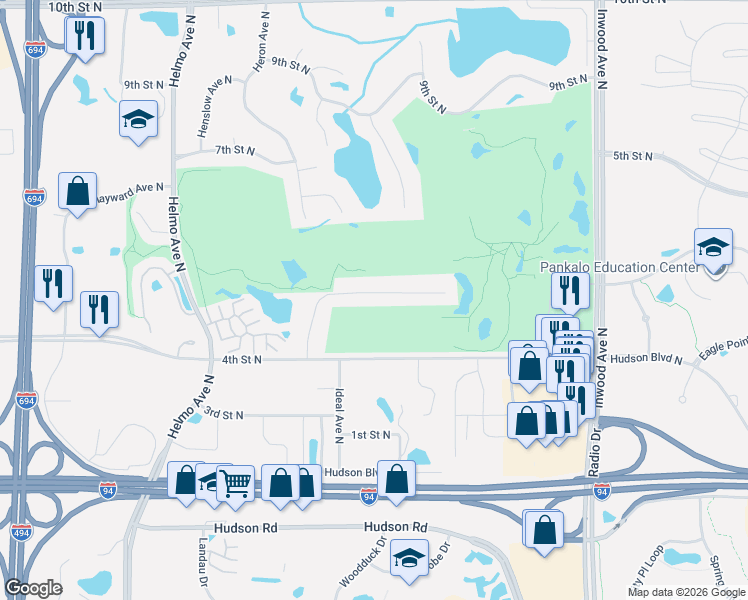 map of restaurants, bars, coffee shops, grocery stores, and more near 522 Holly Lane North in Oakdale