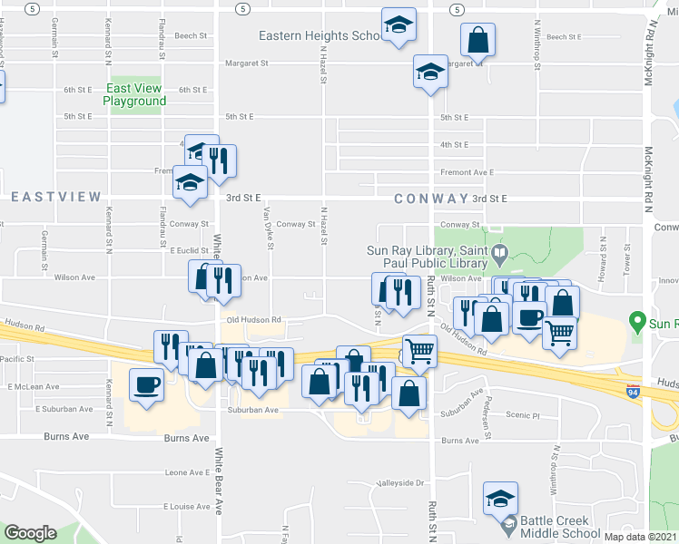 map of restaurants, bars, coffee shops, grocery stores, and more near 1935 Wilson Avenue in Saint Paul