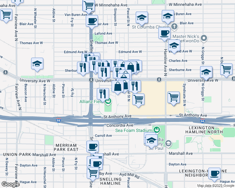 map of restaurants, bars, coffee shops, grocery stores, and more near 1544 University Avenue West in Saint Paul