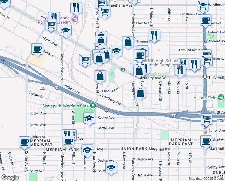map of restaurants, bars, coffee shops, grocery stores, and more near 1 Iris Place in Saint Paul
