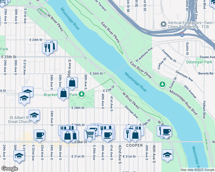 map of restaurants, bars, coffee shops, grocery stores, and more near 2616 West River Parkway in Minneapolis