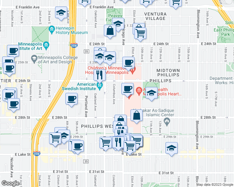 map of restaurants, bars, coffee shops, grocery stores, and more near 2615 Columbus Avenue in Minneapolis